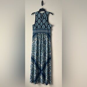 London Times Navy and Light Blue Printed Sleeveless Maxi Dress, Size SU 10